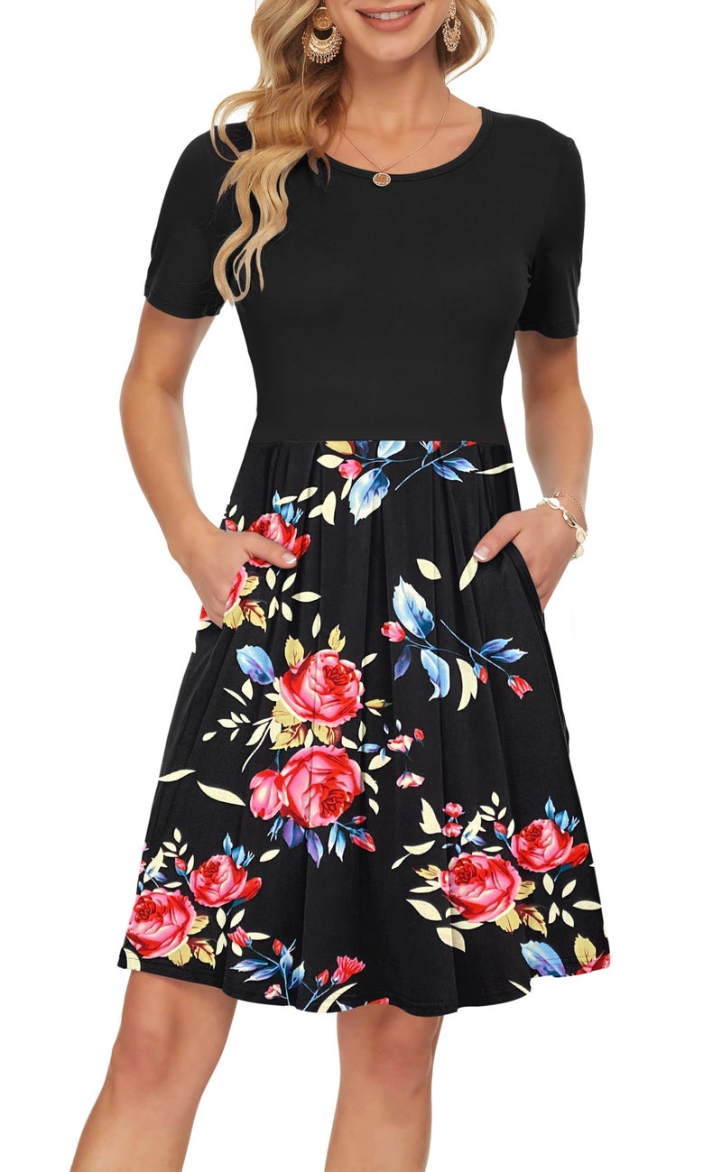 AUSELILY Women's Short Sleeve Summer Dress Pleated Loose Swing Knee Length Dresses with Pockets 2026 New Black Rose Black M - Image 1